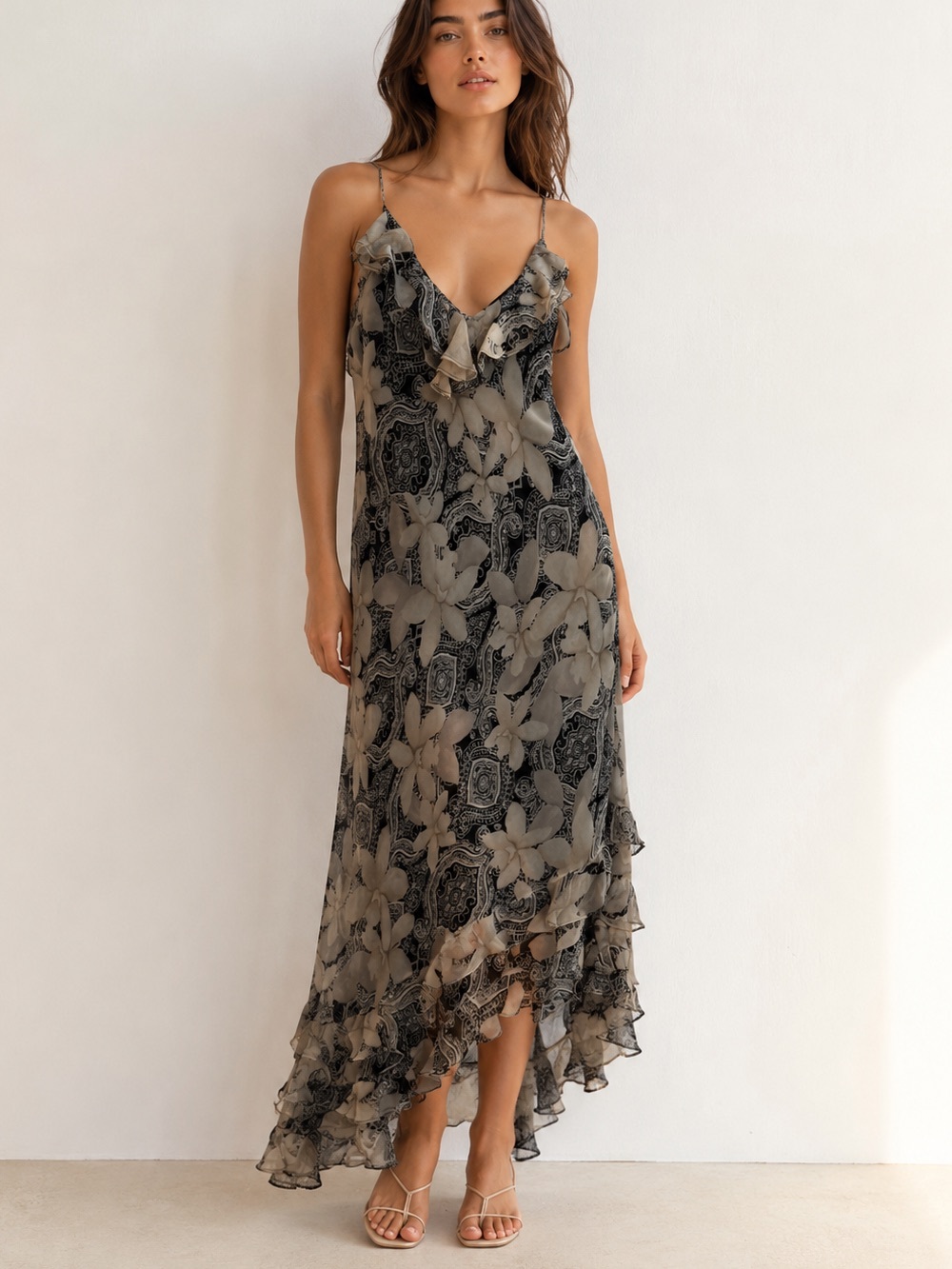 I.C.E Vintage 100% Silk Floral Paisley Ruffle High Low Maxi Dress Size 14